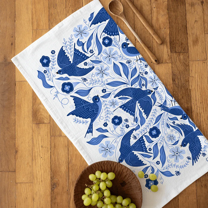 tea towels with bird and floral elements
