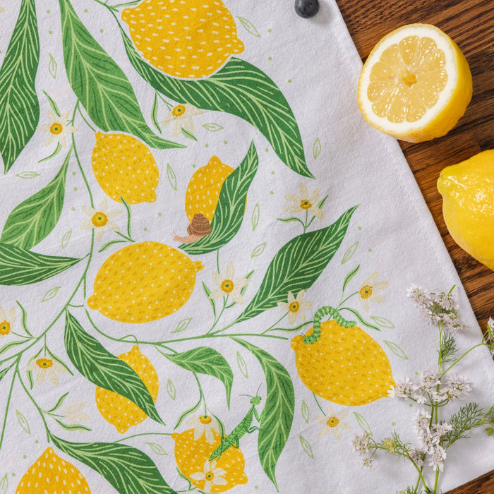 tea towel with illustrated lemons