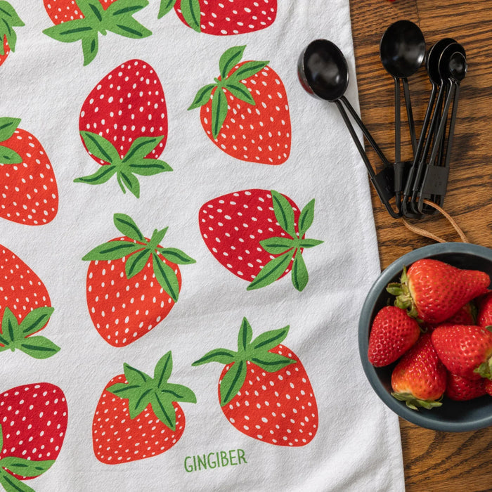 tea towel with illustrated strawberries