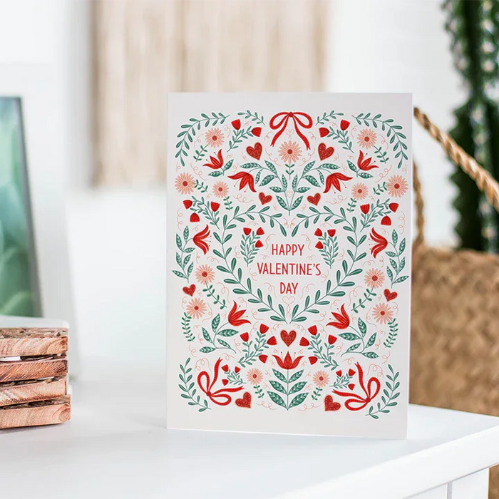 Sweetheart Card — hand-illustrated Valentine greeting card with floral heart design, Kraft envelope included, USA-made