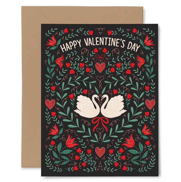Valentine Swans Card - hand-illustrated greeting card for Valentine's Day with love-themed floral pattern and two swans, includes kraft envelope, USA printed