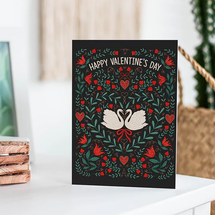 Valentine Swans Card - hand-illustrated gingiber greeting card with 'Happy Valentine's Day' design, love themed artwork, black background, includes kraft envelope