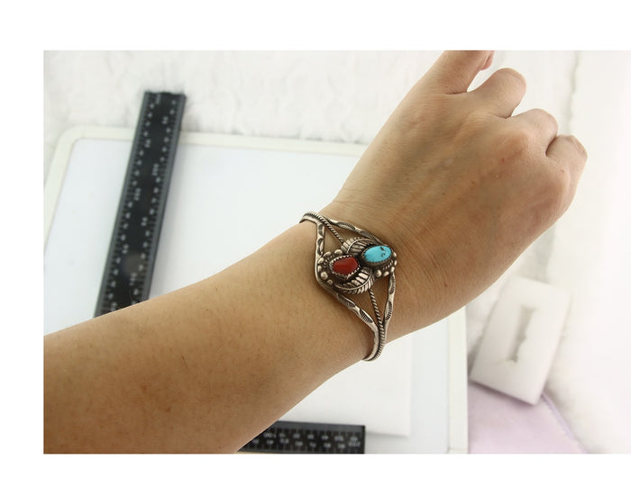 Vintage Navajo Bracelet 925 Silver Red Coral Turquoise Signed SC