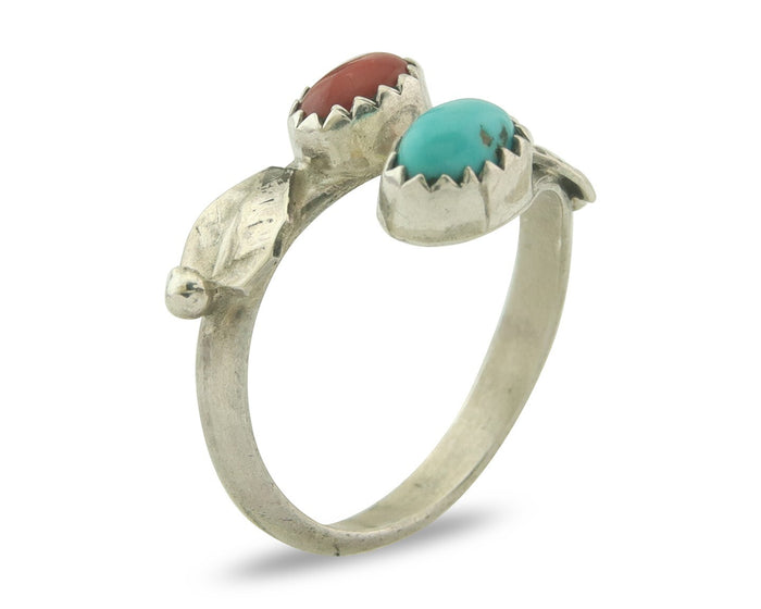 Vintage Navajo Ring 925 Sterling Turquoise & Coral Native Artist Size Size 5