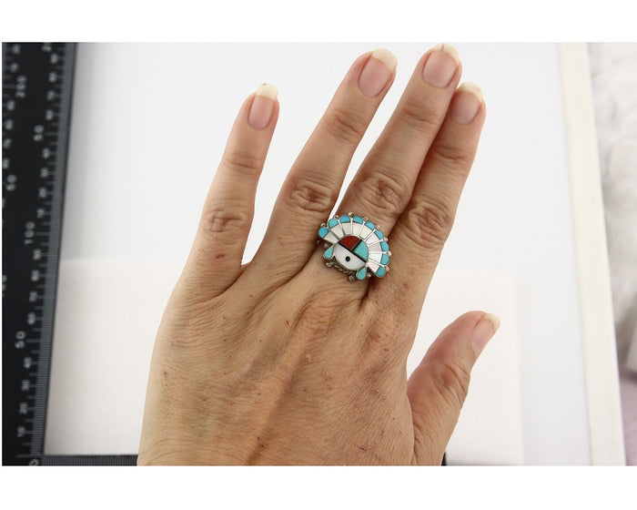 Vintage Zuni Ring 925 Sterling Silver Natural Gemstone Signed ELR Size 8.25