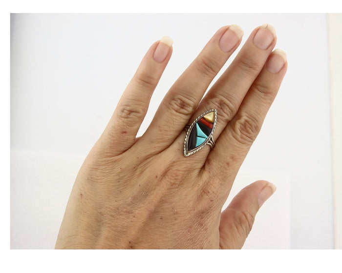 Vintage Zuni Ring 925 Sterling Silver Natural Gemstone Signed R & GT Size 6.25