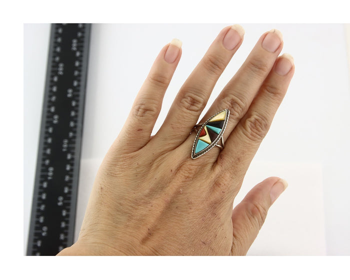 Vintage Zuni Ring 925 Sterling Silver Natural Gemstone Signed R & GT Size 7.5