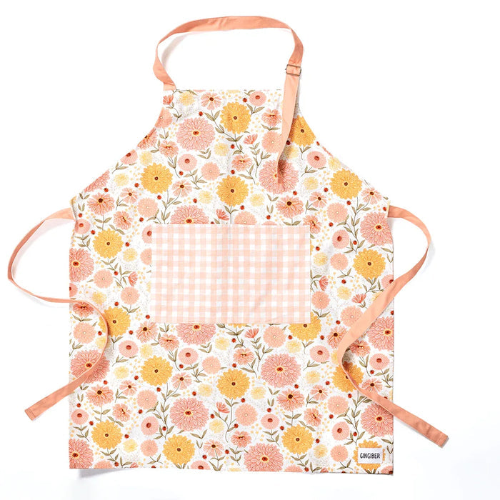 Zinnia Apron - Gingiber floral apron with adjustable neck strap, large pocket, cotton canvas, 29" L x 26" W, tie back, 100% cotton, imported