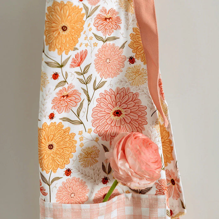 Zinnia Apron - Gingiber floral print kitchen apron with adjustable neck strap, large pocket, 100% cotton canvas, one size 29"L x 26"W