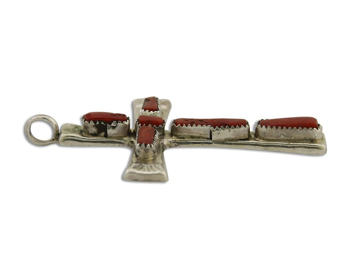 Zuni Cross Pendant 925 Silver Mediterranean Coral Signed J Iule C.80s