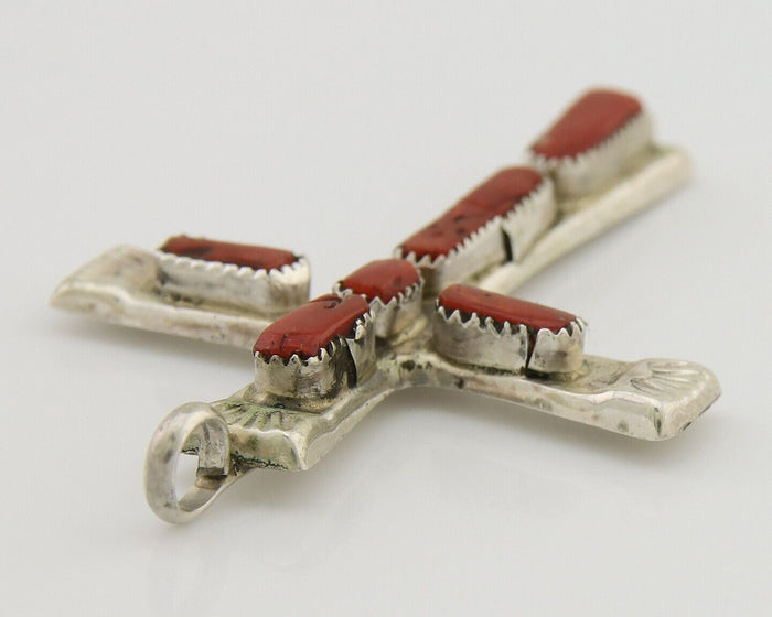 Zuni Cross Pendant 925 Silver Mediterranean Coral Signed J Iule C.80s