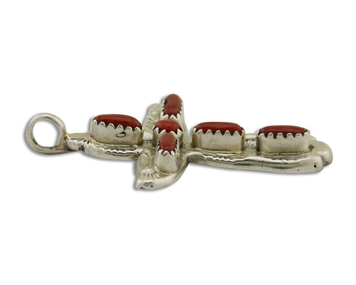 Zuni Cross Pendant 925 Silver Mediterranean Coral Signed W Iule C.80s
