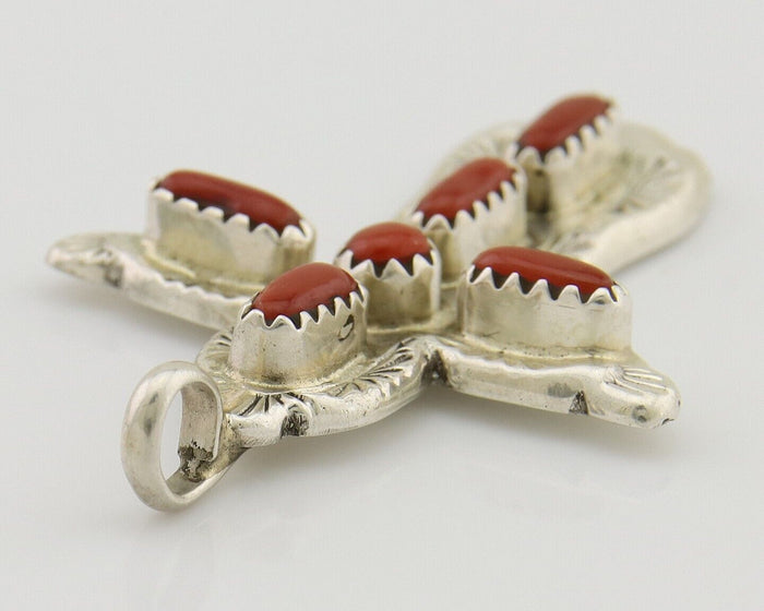 Zuni Cross Pendant 925 Silver Mediterranean Coral Signed W Iule C.80s