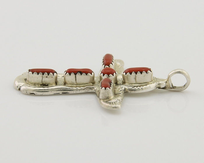 Zuni Cross Pendant 925 Silver Mediterranean Coral Signed W Iule C.80s