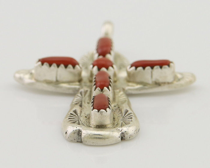 Zuni Cross Pendant 925 Silver Mediterranean Coral Signed W Iule C.80s