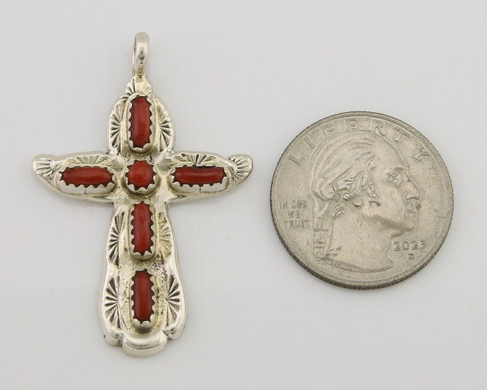 Zuni Cross Pendant 925 Silver Mediterranean Coral Signed W Iule C.80s