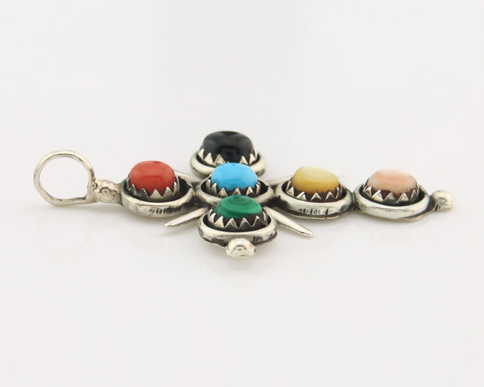 Zuni Cross Pendant Sterling Natural Gemstone Authentic Traditional Signed H&M