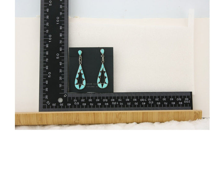 Zuni Dangle Earrings 925 Silver Natural Turquoise Artist Signed EJP C.80's