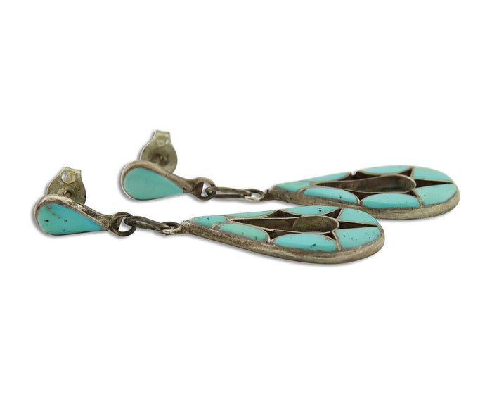 Zuni Dangle Earrings 925 Silver Natural Turquoise Native American Artist C.80's