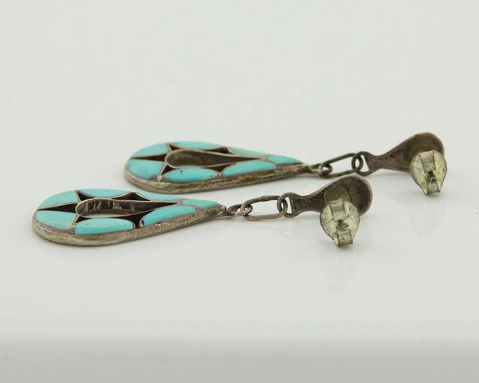 Zuni Dangle Earrings 925 Silver Natural Turquoise Native American Artist C.80's