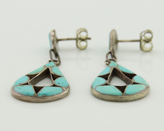 Zuni Dangle Earrings 925 Silver Natural Turquoise Native American Artist C.80's