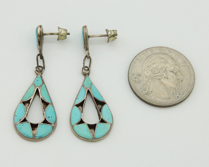 Zuni Dangle Earrings 925 Silver Natural Turquoise Native American Artist C.80's