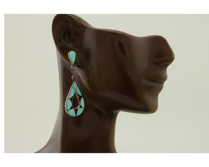 Zuni Dangle Earrings 925 Silver Natural Turquoise Native American Artist C.80's