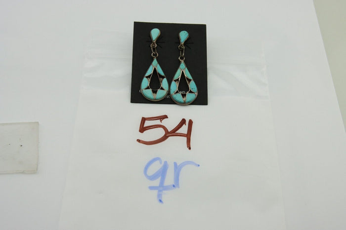 Zuni Dangle Earrings 925 Silver Natural Turquoise Native American Artist C.80's