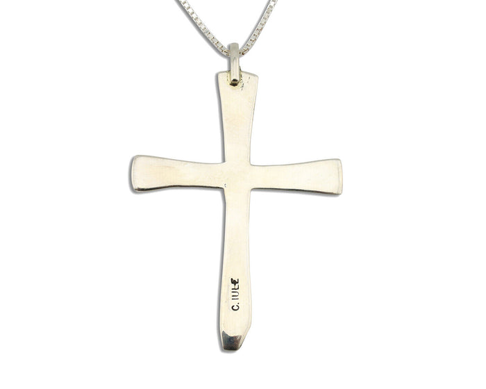 Zuni Handmade Cross Necklace 925 Silver Natural Gemstone Signed L. IULE C.80's